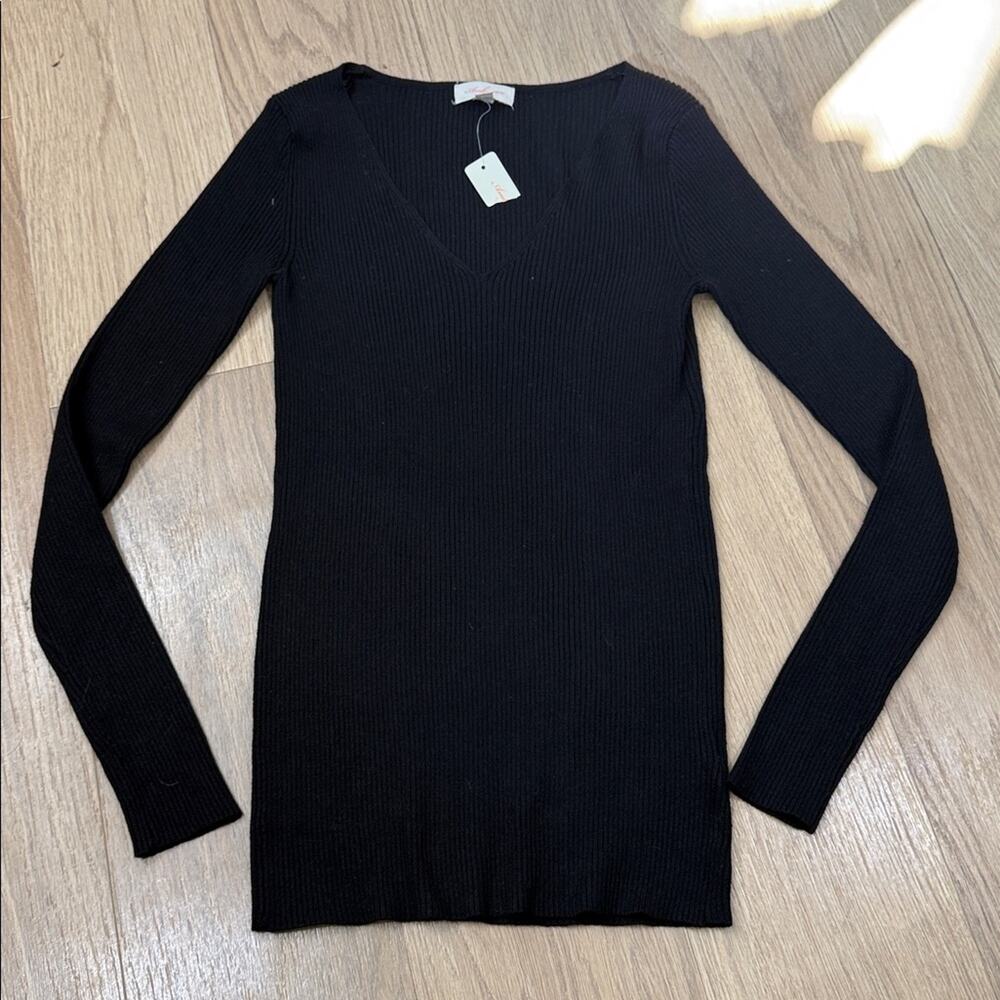 Ambiance Black Ribbed Knit V Neck Sweater Size Small